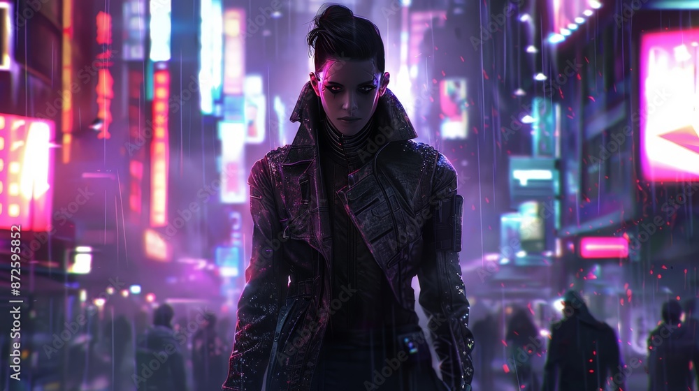 Obraz premium Design a cyberpunk character with a mix of human and robotic features, wearing high-tech gear and a trench coat, standing against a background of futuristic urban chaos.