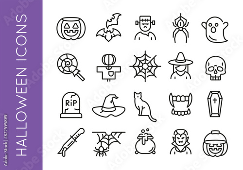 Halloween icons. Set of 20 trendy minimal icons. Pumpkin, Bat, Frankenstein, Spider, Ghost icon. Design signs for web page, mobile app, packaging design. Vector illustration