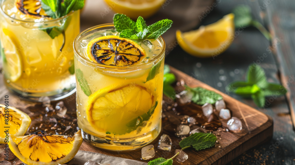 Refreshing mocktails garnished with charred lemon slices and aromatic mint sprigs on a rustic wooden table. Refreshing mocktails garnished with charred lemon slices and aromatic mint sprigs on a rustic wooden table.