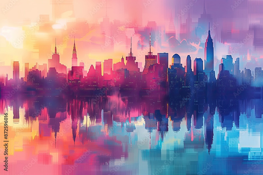 Obraz premium City Skyline at Sunset Art, Cityscape Landscape Watercolor Artwork, Vivid Skyscraper Architecture Wallpaper Design, Travel and Tourism Business Marketing Backdrop, Fine Art Print on Demand Concept