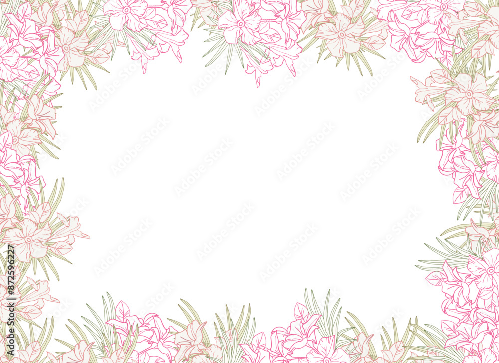 Jasmine flower and palm leaves line art frame for card, invite, scrapbook or wallpaper. Delicate tropical flower, vector background Jasmine flower and palm leaves line art frame for card, invite, scrapbook or wallpaper. Delicate tropical flower, vector background
