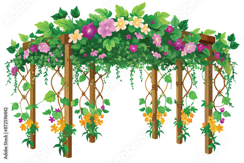 flowering vines draped over rustic trellises vector illustration