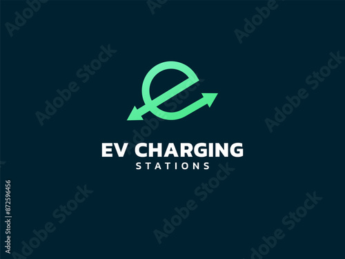 Electric vehicle charging letter e with arrow shapes Symbol logo vector design concept. Letter E logotype symbol for Electric Car, EV station, ui, web, ev business, infographic, new technology, energy