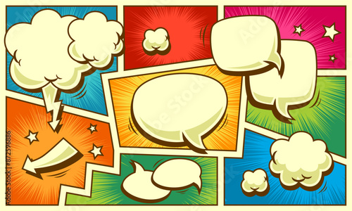 Colorful panel comic with blank speech bubble set