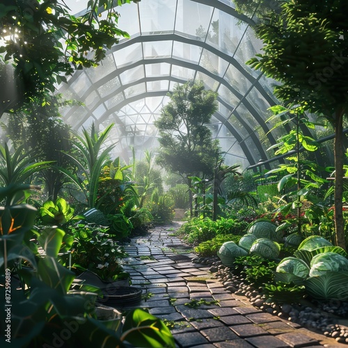 Lush green botanical garden with sunlight streaming through a glass greenhouse, featuring vibrant plants and a stone path. Media Decor, Wall Art photo