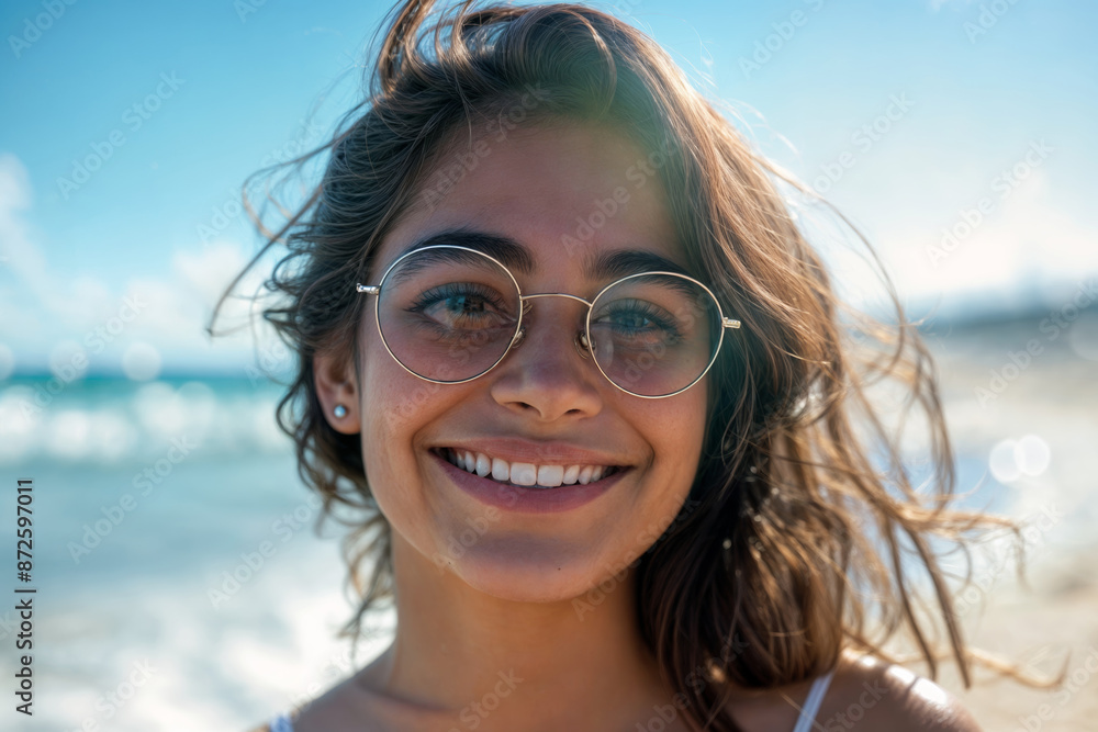 Young Woman Smiling in Glasses at Sunny Beach Young Woman Smiling in Glasses at Sunny Beach