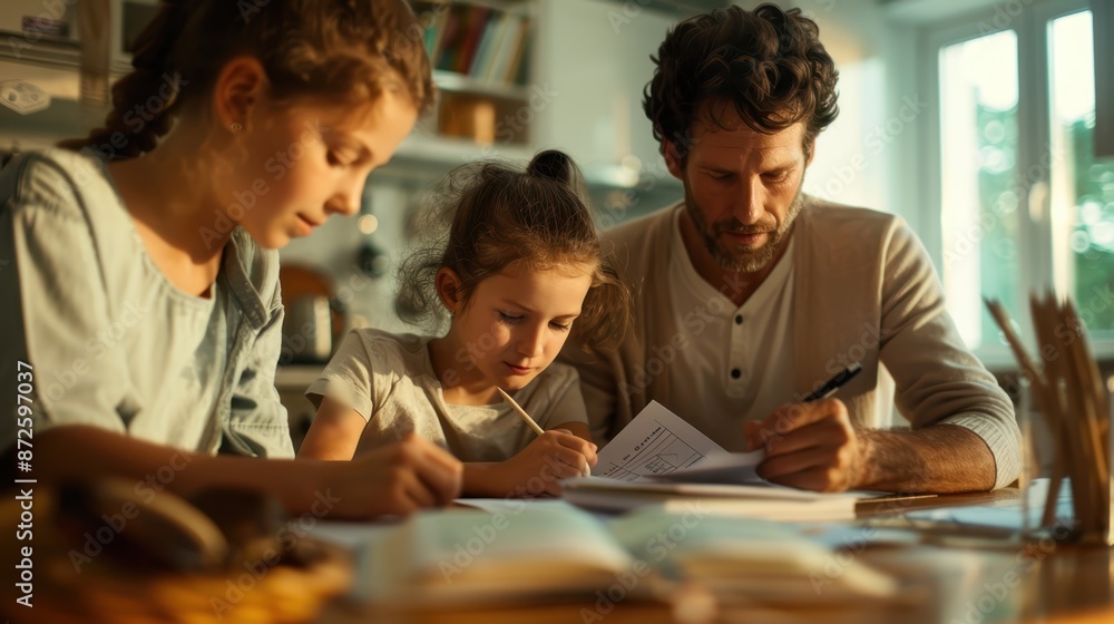 Obraz premium Family Homeschooling: Gen Alpha Kids Engaging in Math Learning with Parent at Kitchen Table