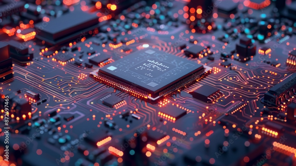 3D Render - Illuminated Microchip on Motherboard 3D Render - Illuminated Microchip on Motherboard