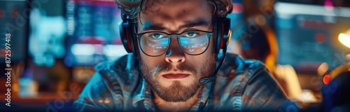 Young Man Wearing Headphones and Glasses Works Late at Night in a Modern Office