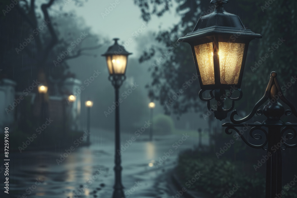 An array of classical streetlamps glowing warmly in a foggy park, reflecting off wet pathways, evokes a serene yet mysterious ambiance. An array of classical streetlamps glowing warmly in a foggy park, reflecting off wet pathways, evokes a serene yet mysterious ambiance.