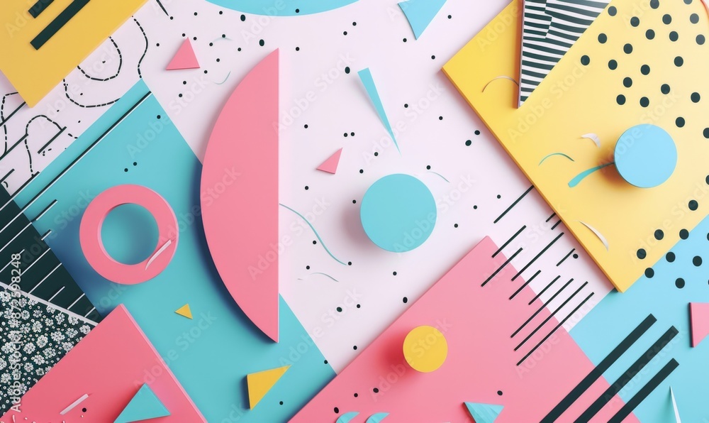 Obraz premium Abstract Geometric Background in Style with Colorful Shapes and Copy Space, Featuring Irregular Arrangement and Curves, Ideal for Seasonal Marketing and Discounts, AI-Generated, High-Resolutio