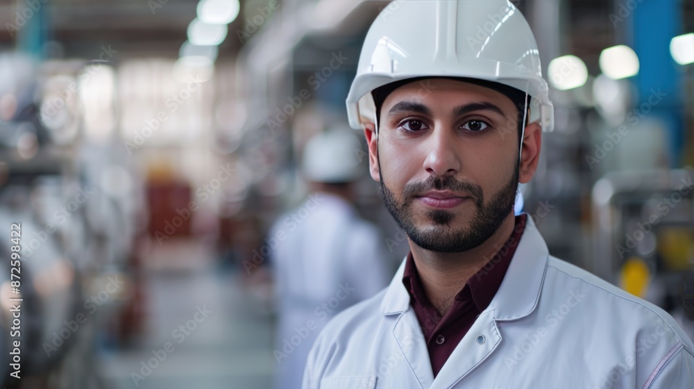 A man wearing a white helmet and a white jacket stands in front of a building. Generate AI A man wearing a white helmet and a white jacket stands in front of a building. Generate AI