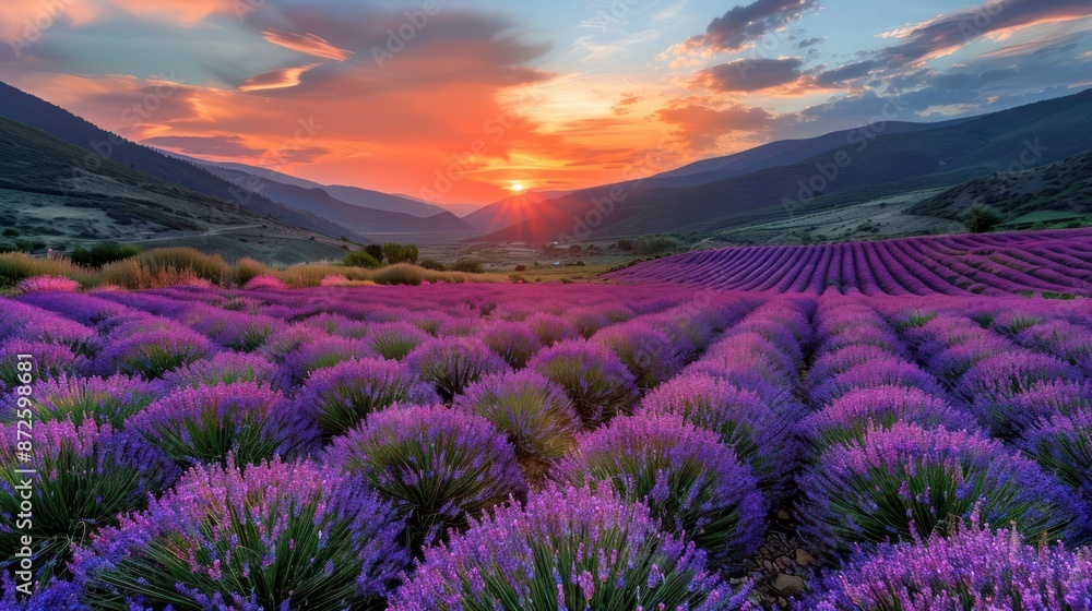 A field of lavender flowers with a beautiful sunset in the background A field of lavender flowers with a beautiful sunset in the background