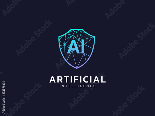 Cyber security intelligence protection shield with AI network lines Technology vector logo design concept. Artificial intelligence shield logotype symbol for advance technology, identity, ui, new tech