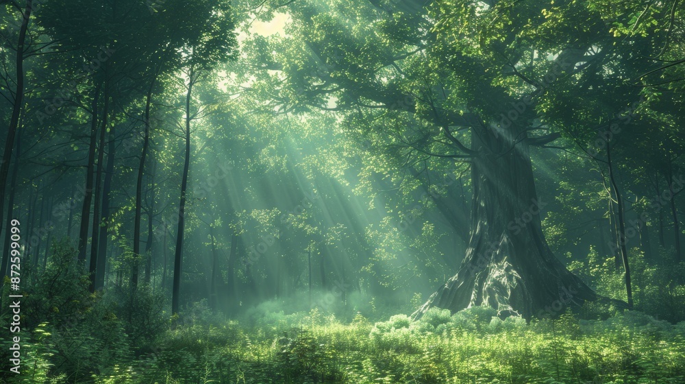 Fototapeta premium Gigantic ancient forest with colossal trees and dense underbrush, bathed in dappled sunlight, digital art style, highlighting the lush, untamed wilderness