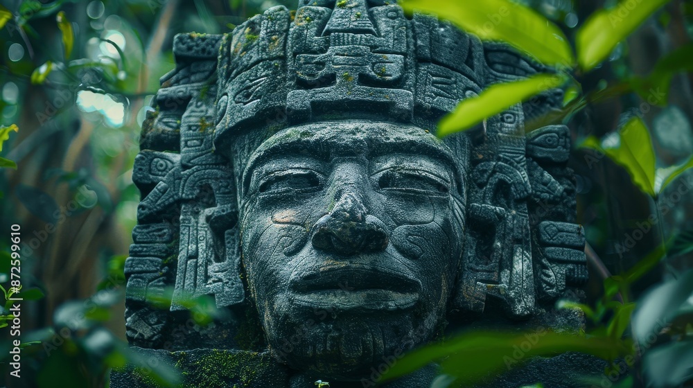 Fototapeta premium Majestic stone head of a deity, worshipped by tribal figures, set in a dense jungle, capturing a sense of ancient survival rituals