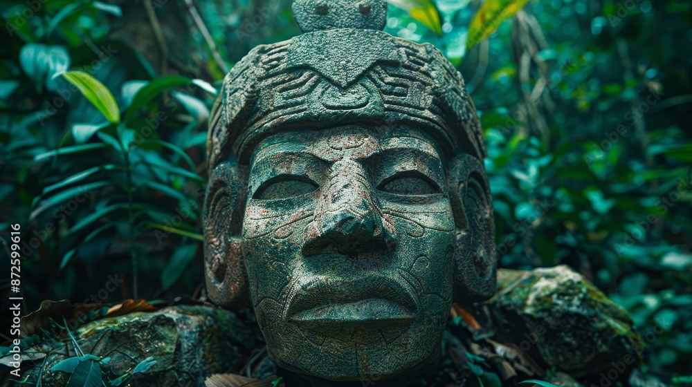 Majestic stone head of a deity, worshipped by tribal figures, set in a dense jungle, capturing a sense of ancient survival rituals Majestic stone head of a deity, worshipped by tribal figures, set in a dense jungle, capturing a sense of ancient survival rituals