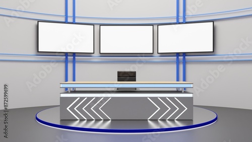 Fototapeta Naklejka Na Ścianę i Meble -  wood table and lcd background in the news studio room.3d rendering.