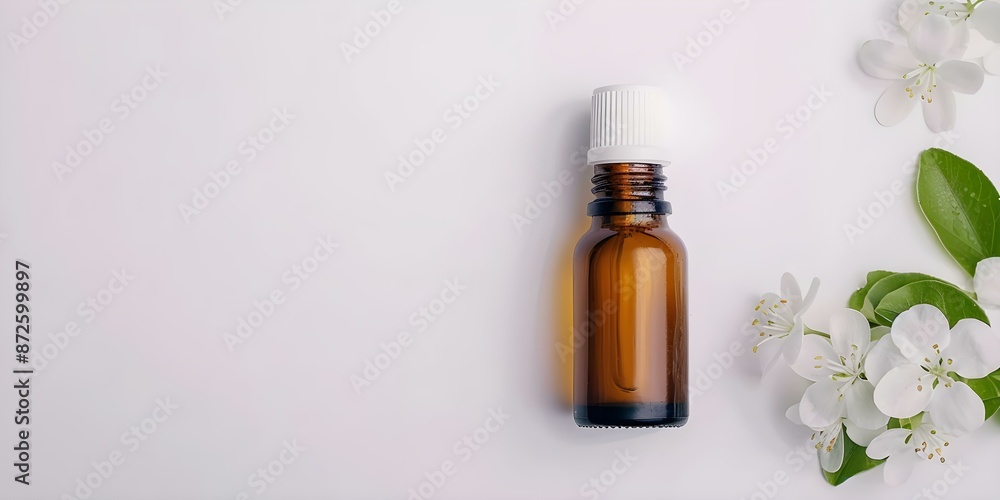 Overhead Shot of Small Brown Bottle Containing Neroli Essential Oil. Concept Product Photography, Small Brown Bottle, Neroli Essential Oil, Overhead Shot Overhead Shot of Small Brown Bottle Containing Neroli Essential Oil. Concept Product Photography, Small Brown Bottle, Neroli Essential Oil, Overhead Shot