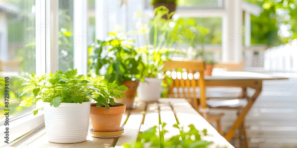 Sunroom Design Modern Farmhouse Style with Wooden Furniture, White Shiplap Walls, and Potted Herbs. Concept Modern Farmhouse, Sunroom Design, Wooden Furniture, White Shiplap Walls, Potted Herbs Sunroom Design Modern Farmhouse Style with Wooden Furniture, White Shiplap Walls, and Potted Herbs. Concept Modern Farmhouse, Sunroom Design, Wooden Furniture, White Shiplap Walls, Potted Herbs