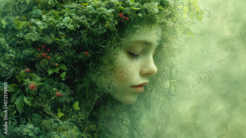 Nature Goddess with Greenery Hair, Earth Day Fantasy Art, Eco-Friendly photo