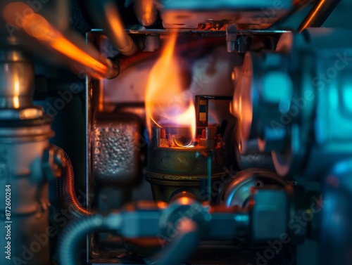 Flame igniting on a hot water heater, detailed close-up, mechanical components, dim lighting, showing the ignition and energy flow in home appliances 