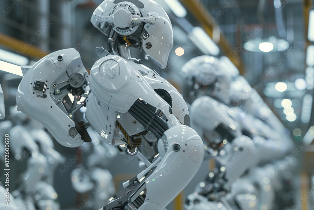 Fototapeta premium A row of high-tech white robots in a factory setting, featuring detailed mechanical components and advanced robotics engineering.
