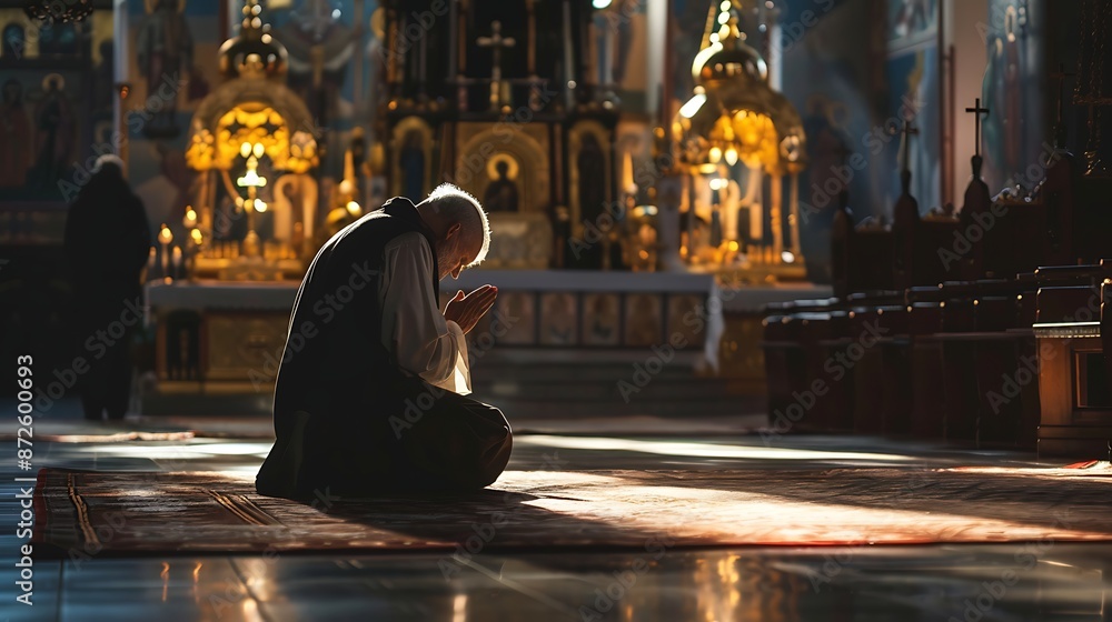 Faithful pilgrim kneels reverently in reverence before a shrine, religious, devotion, spiritual journey Faithful pilgrim kneels reverently in reverence before a shrine, religious, devotion, spiritual journey