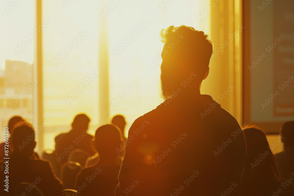 A silhouette of a man stands looking towards the large windows of a sunlit room filled with people, capturing a moment of contemplation during a gathering. A silhouette of a man stands looking towards the large windows of a sunlit room filled with people, capturing a moment of contemplation during a gathering.