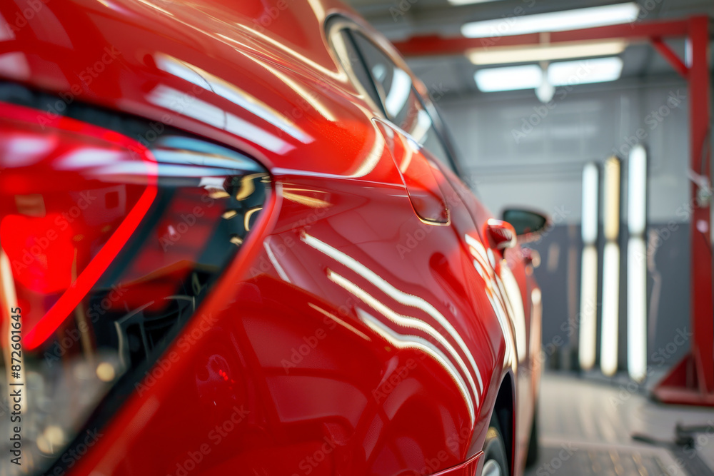 Fototapeta premium A sleek, red sports car shines under workshop lights, highlighting its curves and glossy finish in a modern detailing studio.