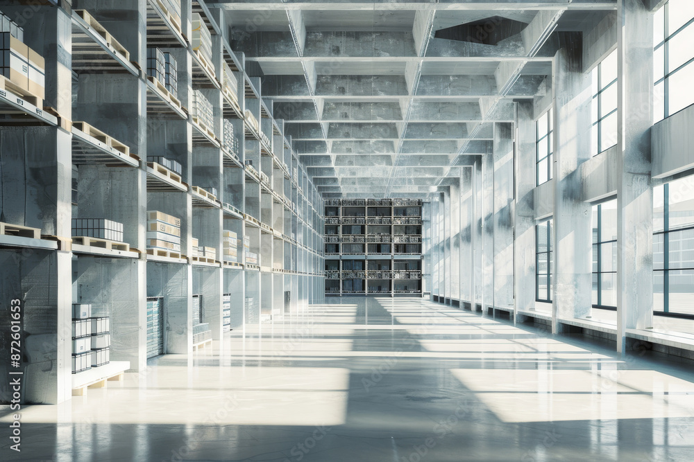 Sunlight streams into an expansive, empty warehouse with towering shelves, highlighting the industrial elegance and vastness of the clean, organized space. Sunlight streams into an expansive, empty warehouse with towering shelves, highlighting the industrial elegance and vastness of the clean, organized space.