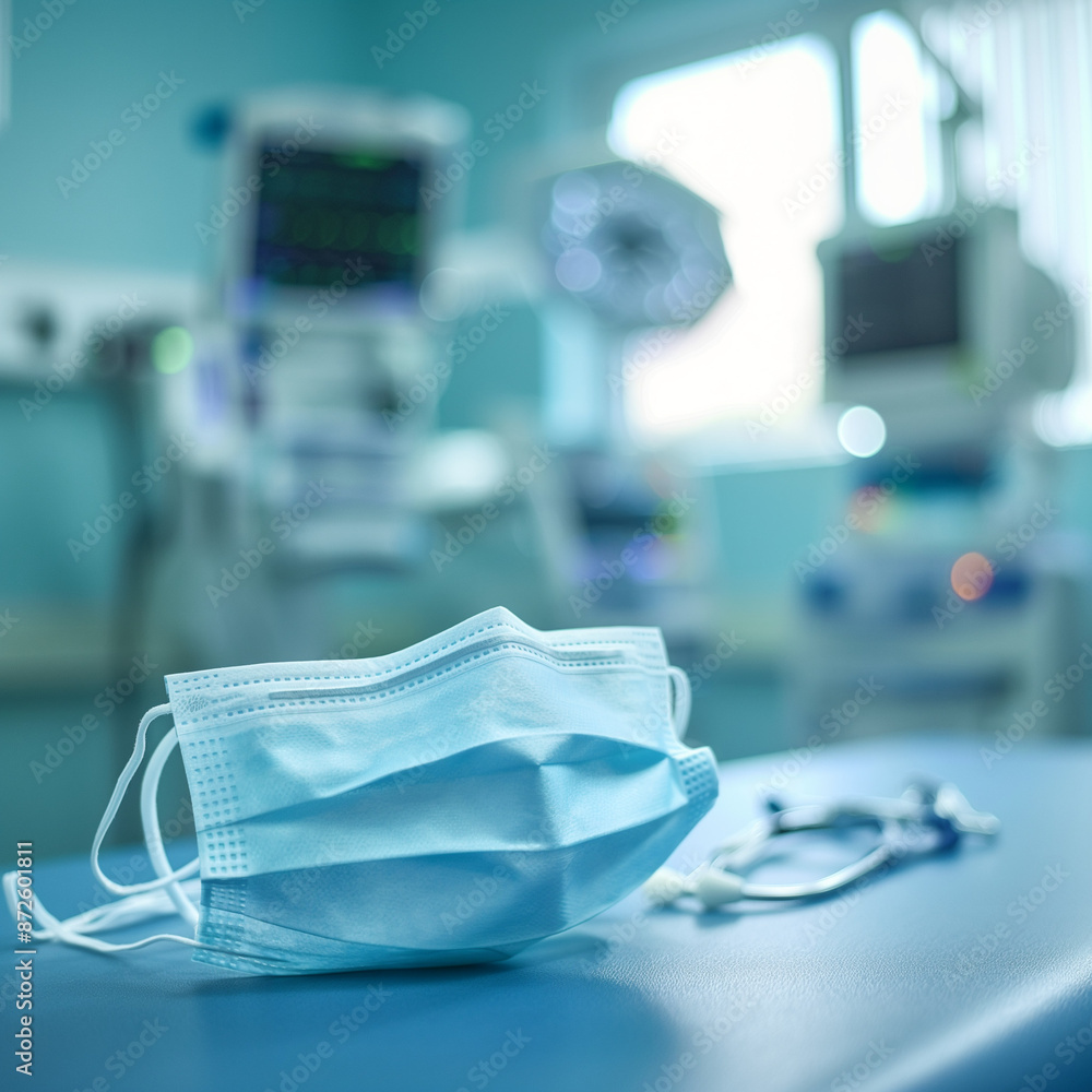 Surgical mask highlighting health and safety measures, with medical equipment softly out of focus in the hospital setting. Surgical mask highlighting health and safety measures, with medical equipment softly out of focus in the hospital setting.