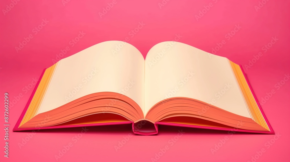 Empty clean open book mockup on bright pink background. Cartoon 3d style. Empty clean open book mockup on bright pink background. Cartoon 3d style.