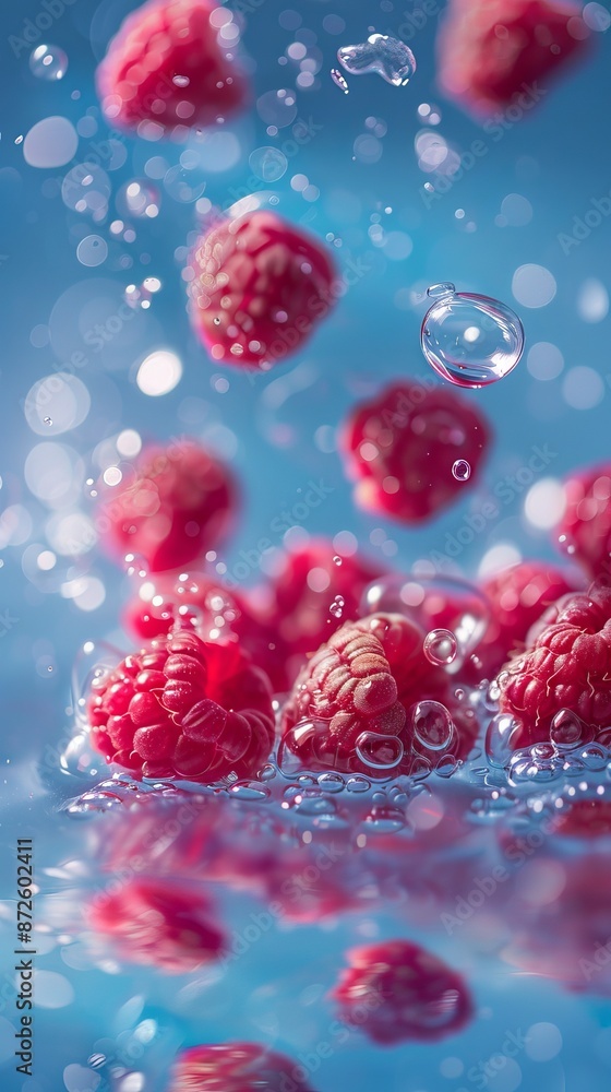 Fresh Raspberries in a Water Splash, vibrant colors, natural freshness and hydration Fresh Raspberries in a Water Splash, vibrant colors, natural freshness and hydration