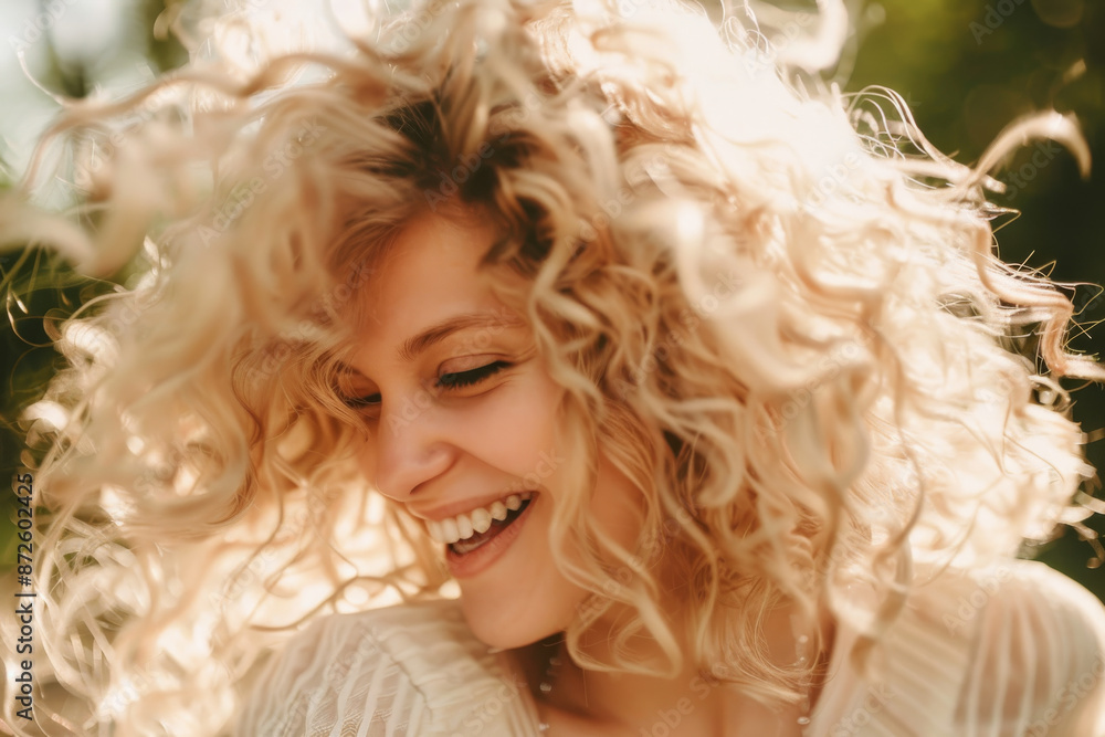 Fototapeta premium A woman with lively, curly blond hair joyfully laughs, surrounded by a soft, sunlit outdoor environment, conveying pure happiness.