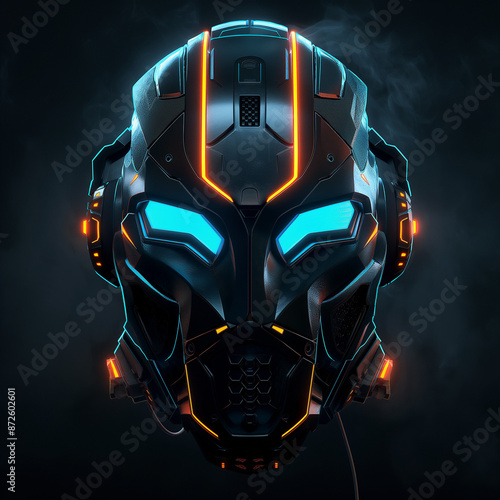 Futuristic mask design concept with high-tech features and neon lighting, evoking advanced technology and sci-fi themes. photo