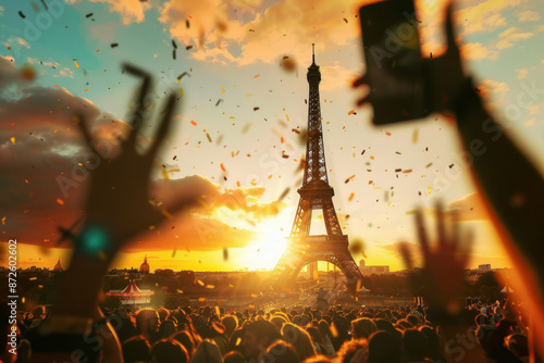 A vibrant sunset concert in front of the Eiffel Tower, with hands raised and confetti filling the air, celebrating life and music in a picturesque setting. photo