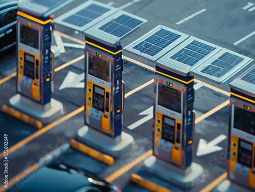 Solar powered parking ticket machines, busy parking lot, integrated with modern solar technology, daytime, efficient and green energy usage 