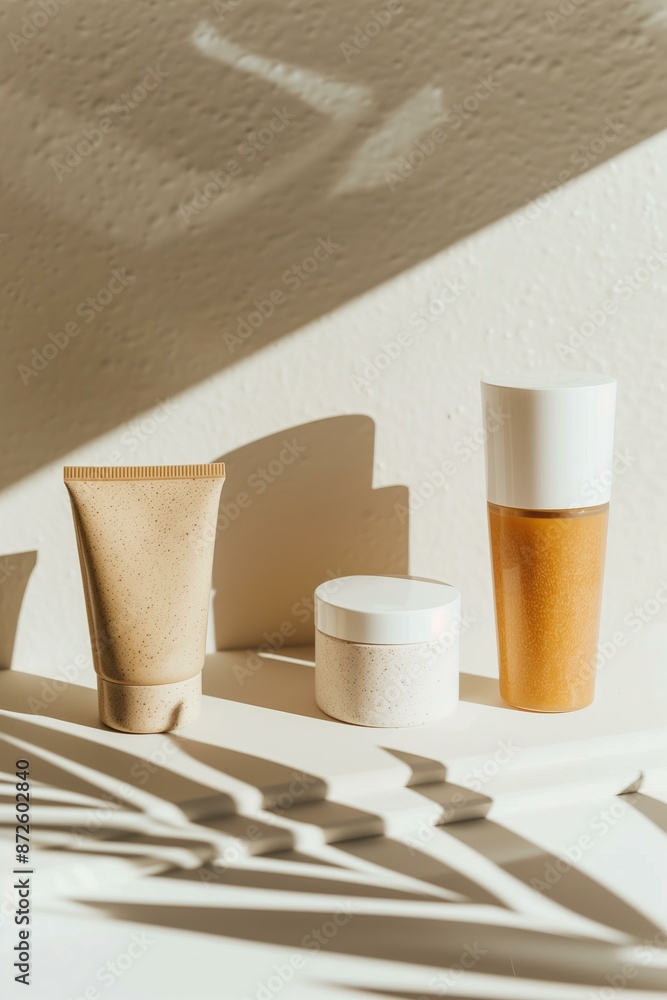 Naklejka premium several skincare tubes casting long shadows on a white surface, with soft and diffused lighting
