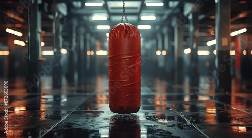 Red Boxing Bag Hanging In A Dark And Moody Industrial Gym