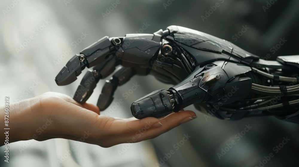 A robot hand is holding a human hand A robot hand is holding a human hand