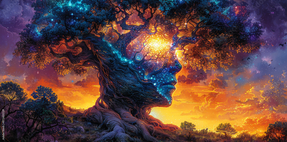 Obraz premium Magical Tree with Glowing Face in Enchanted Sunset Fantasy Landscape