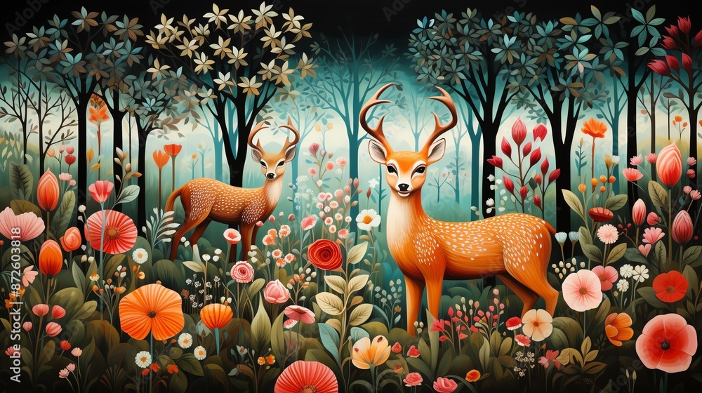 Naklejka premium Playful woodland scene with animals like deer, fox, and birds, surrounded by colorful flowers and leaves