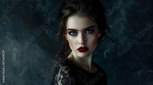 Mysterious enchantress with smoky eyes and ruby-red lips, fantasy, allure, beauty