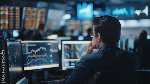 Busy stock trading floor with traders analyzing data, finance