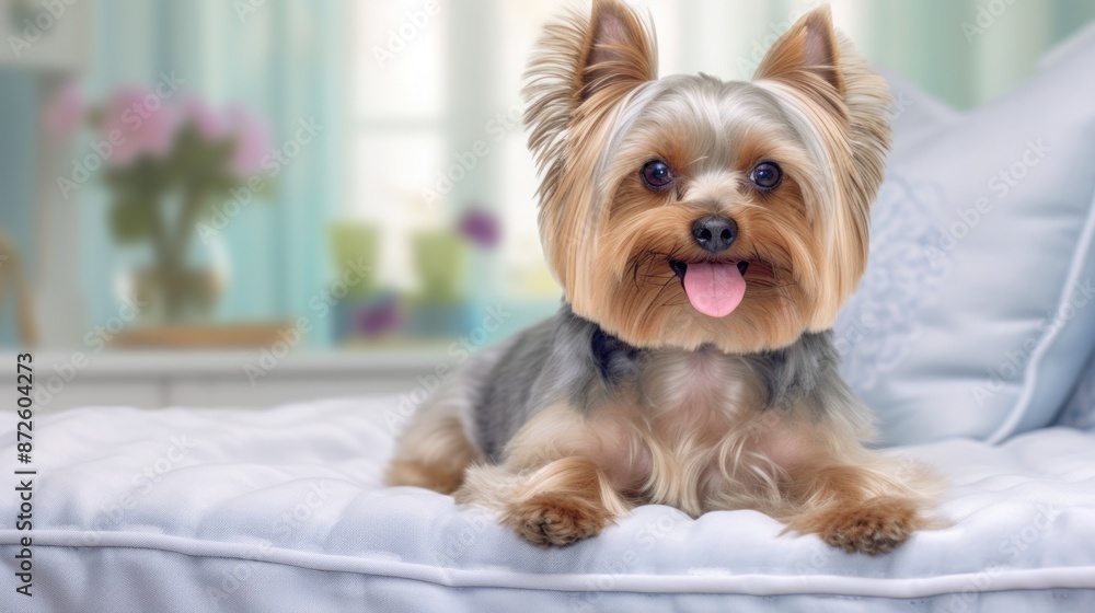 Happy Yorkshire Terrier dog on a sofa. Cozy indoor background. Happy Yorkshire Terrier dog on a sofa. Cozy indoor background.
