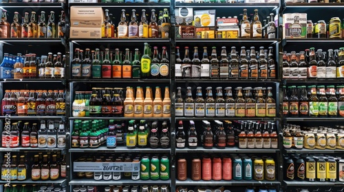 A row of beer bottles on a shelf. Generate AI