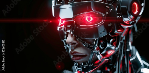 Close Up of a Cyborgs Face With Glowing Red Eyes and a Mechanical Head