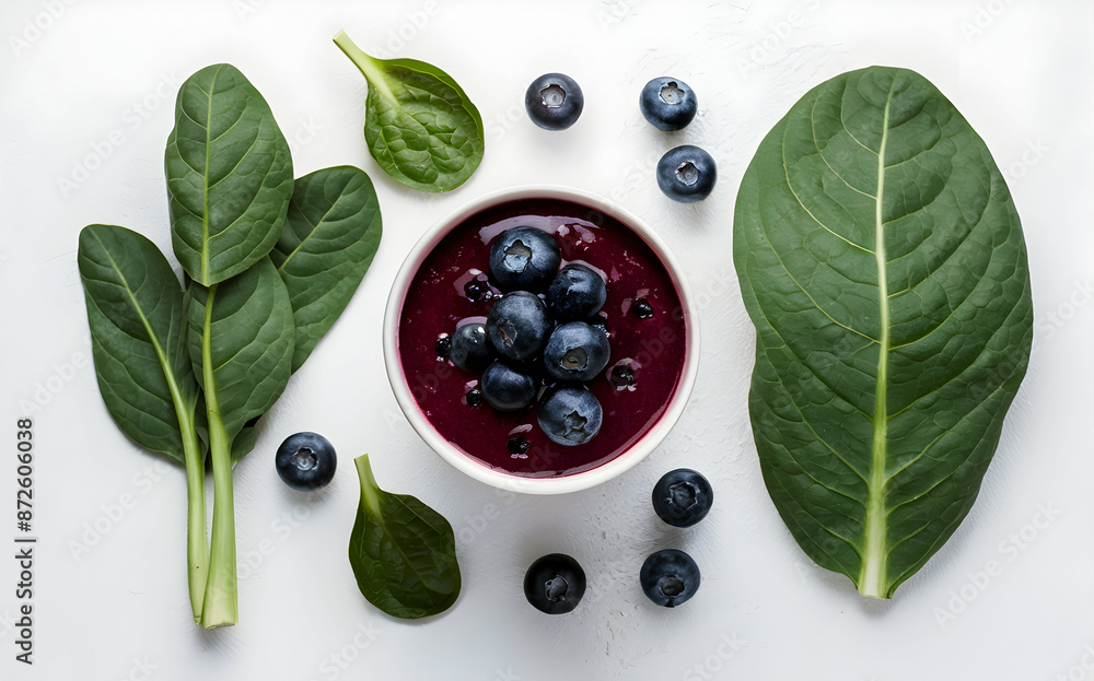 Energizing blueberry spinach smoothie isolated white background Energizing blueberry spinach smoothie isolated white background