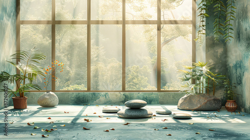 Serene Meditation Room with Sunlight, Plants, and Stones, Zen Interior